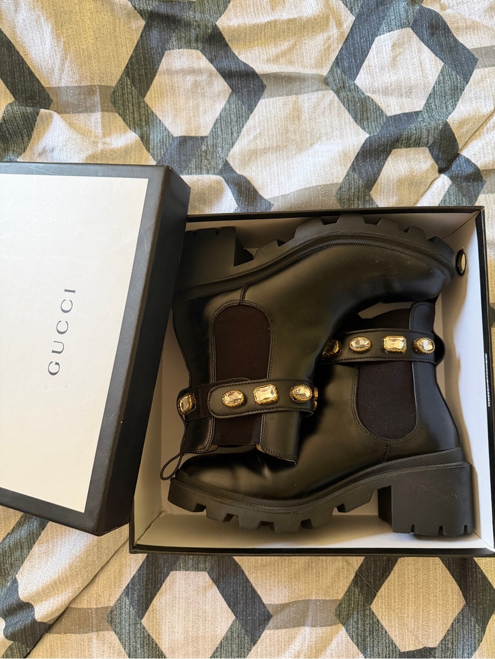 Gucci Black Leather Ankle Boots with Gold-Tone Logo Accents